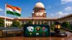 Supreme Court of India with online gambling and betting symbols, Indian law book and gavel