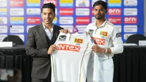 Intex Technologies Director Keshav Bansal and Sri Lanka captain Dhananjaya de Silva unveil the team jersey