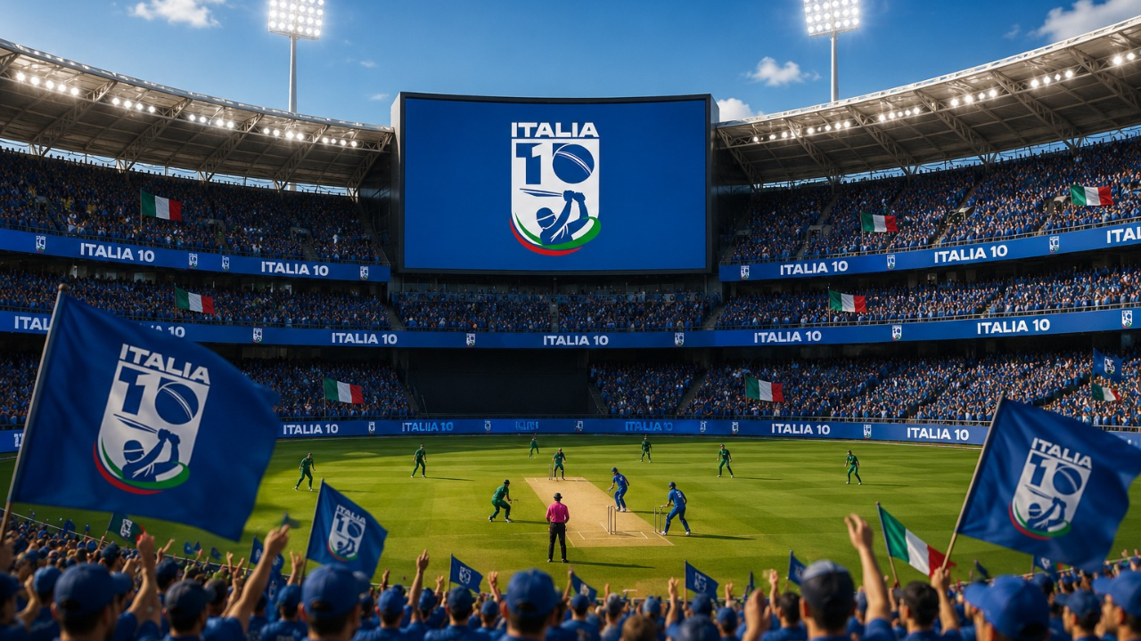 Italia T10 Cricket match played in a packed stadium with Italian flags and fans