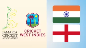 Jamaica Cricket Association and Cricket West Indies logos alongside the India and England flags.