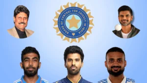 Jasprit Bumrah, Washington Sundar, Akash Deep, Kapil Dev and S Badrinath with the BCCI logo