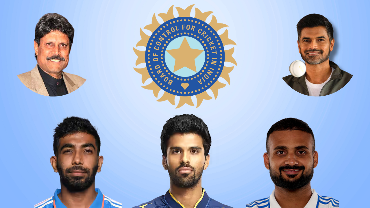 Jasprit Bumrah, Washington Sundar, Akash Deep, Kapil Dev and S Badrinath with the BCCI logo