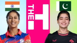 Jemimah Rodrigues of India and Fatima Sana of Pakistan pictured alongside The Hundred logo and the India and Pakistan flags, highlighting their participation in The Hundred women's cricket tournament.