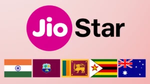 JioStar logo with flags of India, West Indies, Sri Lanka, Zimbabwe and Australia