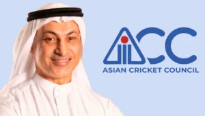 Khalid Al Zarouni pictured alongside the Asian Cricket Council (ACC) logo.