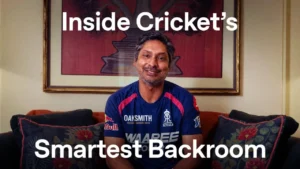Kumar Sangakkara speaking about cricket while wearing a Rajasthan Royals jersey