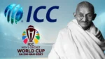 Mahatma Gandhi with ICC and 2027 Men’s Cricket World Cup logos