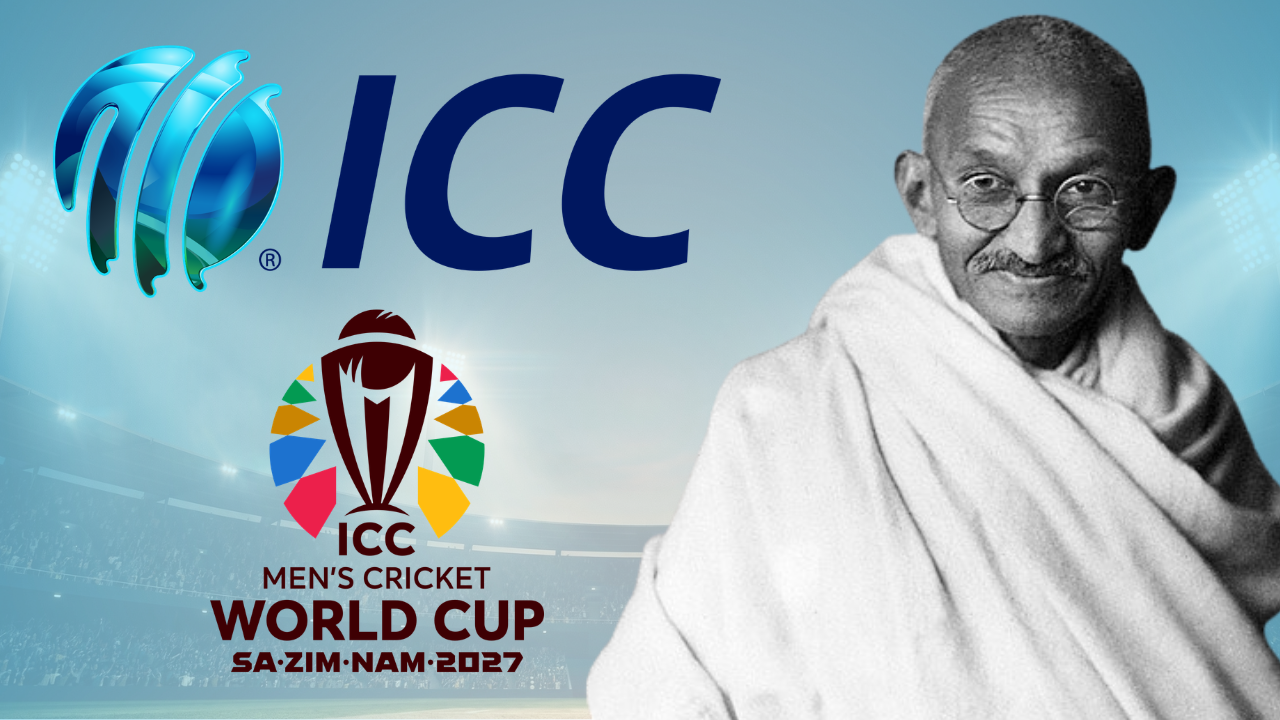 Mahatma Gandhi with ICC and 2027 Men’s Cricket World Cup logos