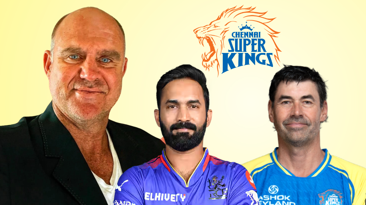 Matthew Hayden, Dinesh Karthik and Stephen Fleming pictured with the Chennai Super Kings logo.