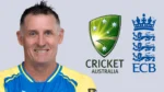 Michael Hussey pictured alongside the Cricket Australia and England and Wales Cricket Board logos.