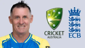 Michael Hussey pictured alongside the Cricket Australia and England and Wales Cricket Board logos.