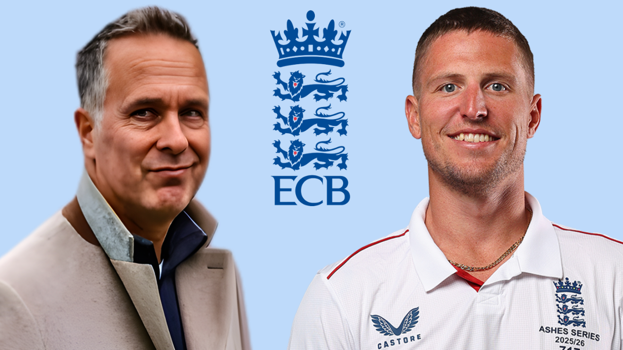 Michael Vaughan and Brydon Carse pictured with the England and Wales Cricket Board ECB logo.