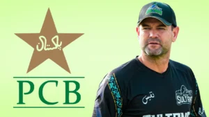 Cricket coach Mike Smith with the Pakistan Cricket Board (PCB) logo, highlighting his role in Pakistan cricket's high-performance program.