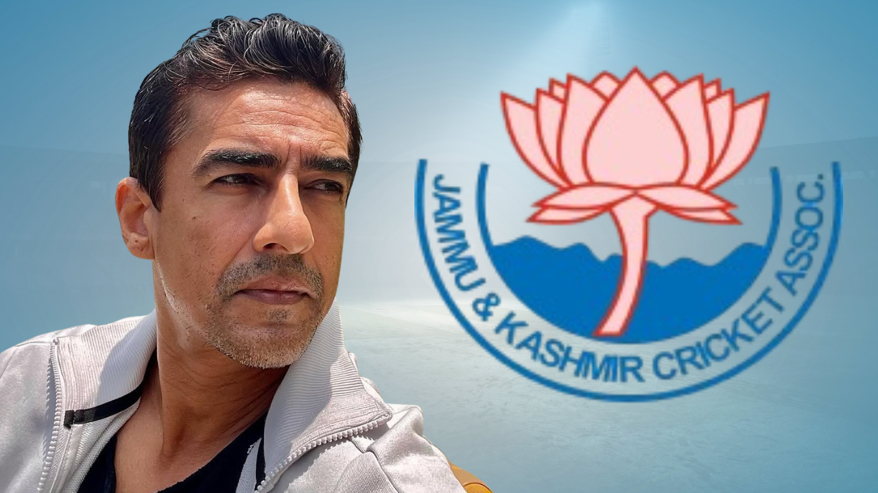 Mithun Manhas pictured alongside the Jammu and Kashmir Cricket Association logo.