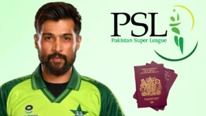 Pakistan fast bowler Mohammad Amir with the Pakistan Super League (PSL) logo and a British passport, illustrating his eligibility for PSL participation.