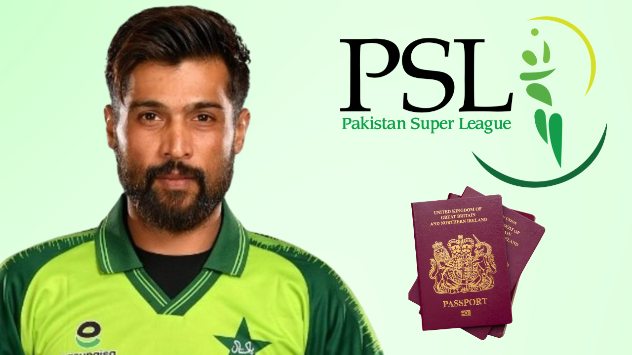 Pakistan fast bowler Mohammad Amir with the Pakistan Super League (PSL) logo and a British passport, illustrating his eligibility for PSL participation.