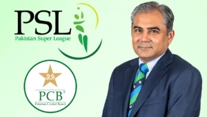 Mohsin Naqvi pictured alongside the Pakistan Super League (PSL) and Pakistan Cricket Board (PCB) logos, highlighting his role in Pakistan cricket administration and the PSL.