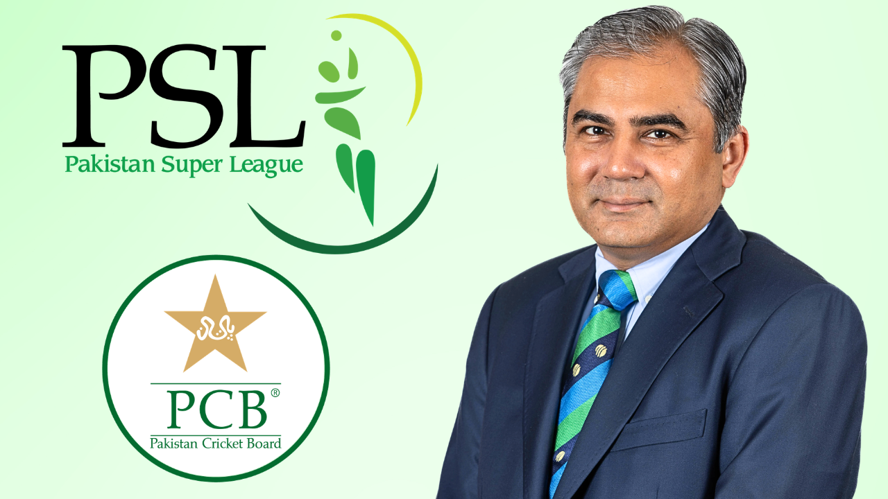 Mohsin Naqvi pictured alongside the Pakistan Super League (PSL) and Pakistan Cricket Board (PCB) logos, highlighting his role in Pakistan cricket administration and the PSL.