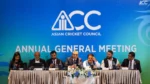 Mohsin Naqvi, Rajiv Shukla, Tamim Iqbal and Mirwais Ashraf at the Asian Cricket Council Annual General Meeting.