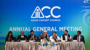 Mohsin Naqvi, Rajiv Shukla, Tamim Iqbal and Mirwais Ashraf at the Asian Cricket Council Annual General Meeting.