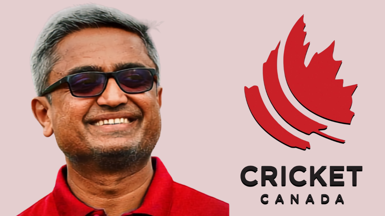 Monty Desai pictured alongside the Cricket Canada logo.