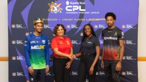 Neela Marquez and Tara Wilkinson-McClean at a Republic Bank Caribbean Premier League event.