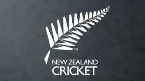 New Zealand Cricket logo featuring the silver fern over a background of US dollar bills.