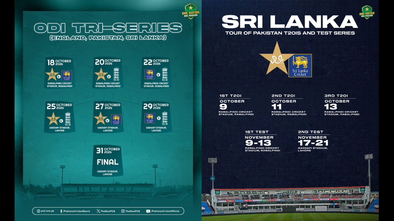 Pakistan cricket schedule for 2026 ODI tri-series with England and Sri Lanka, followed by Sri Lanka’s T20I and Test tour of Pakistan.