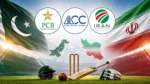 Pakistan Cricket Board (PCB), Asian Cricket Council (ACC) and Iran Cricket Association logos displayed with the Pakistan and Iran flags, cricket equipment and country maps, representing cricket relations between Pakistan and Iran.