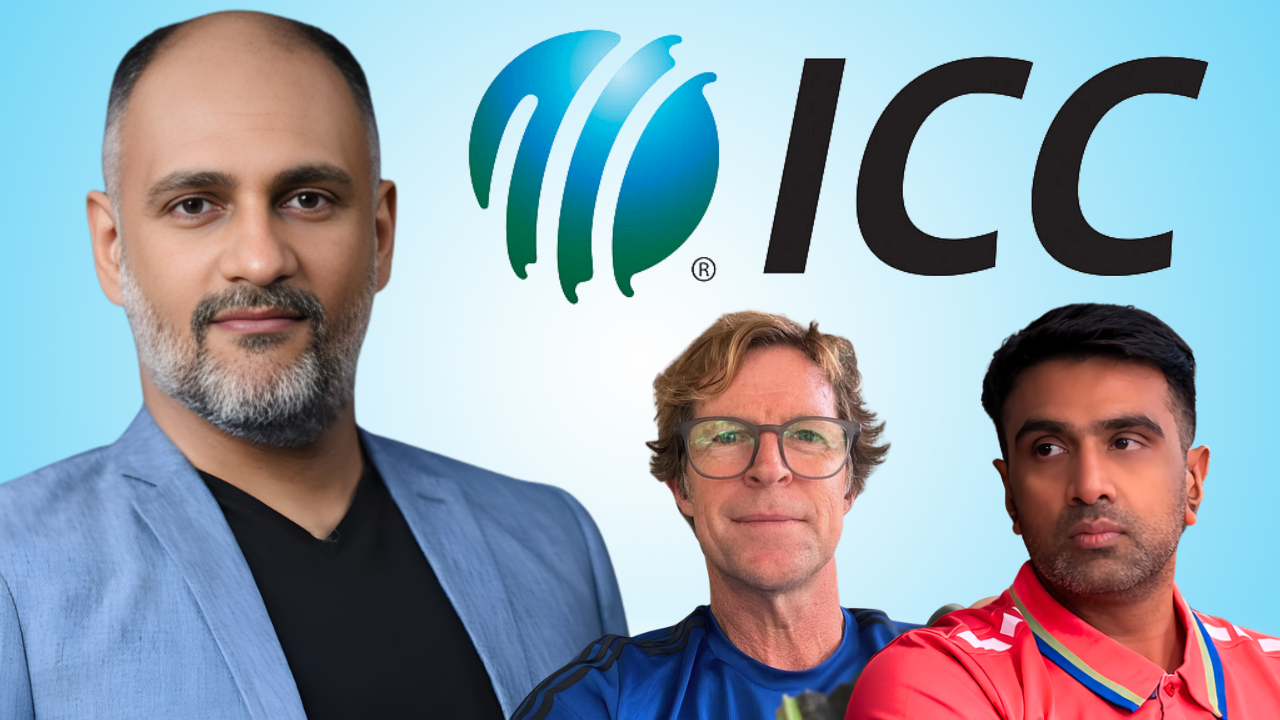 R Ashwin, Sanjog Gupta and Jonty Rhodes alongside the ICC logo