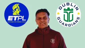 Rahul Dravid pictured with European T20 Premier League and Dublin Guardians logos