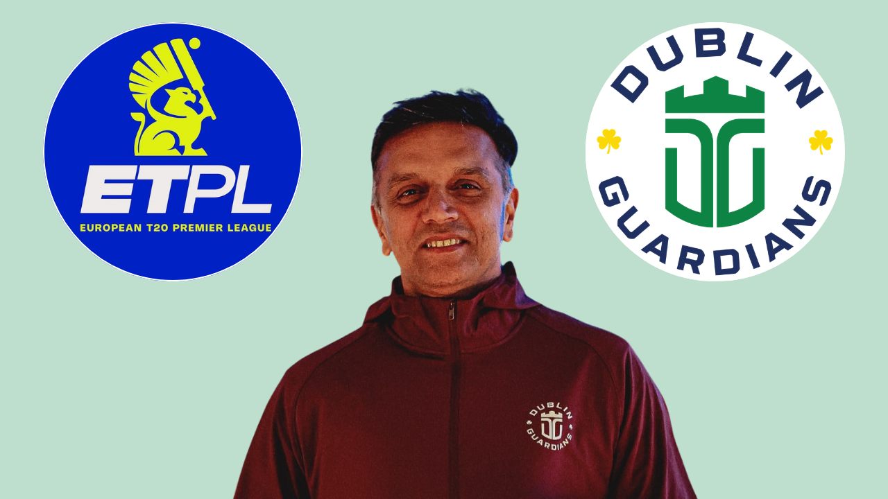 Rahul Dravid pictured with European T20 Premier League and Dublin Guardians logos