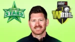Richard Pyrah pictured with the Melbourne Stars and WBBL logos