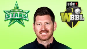 Richard Pyrah pictured with the Melbourne Stars and WBBL logos