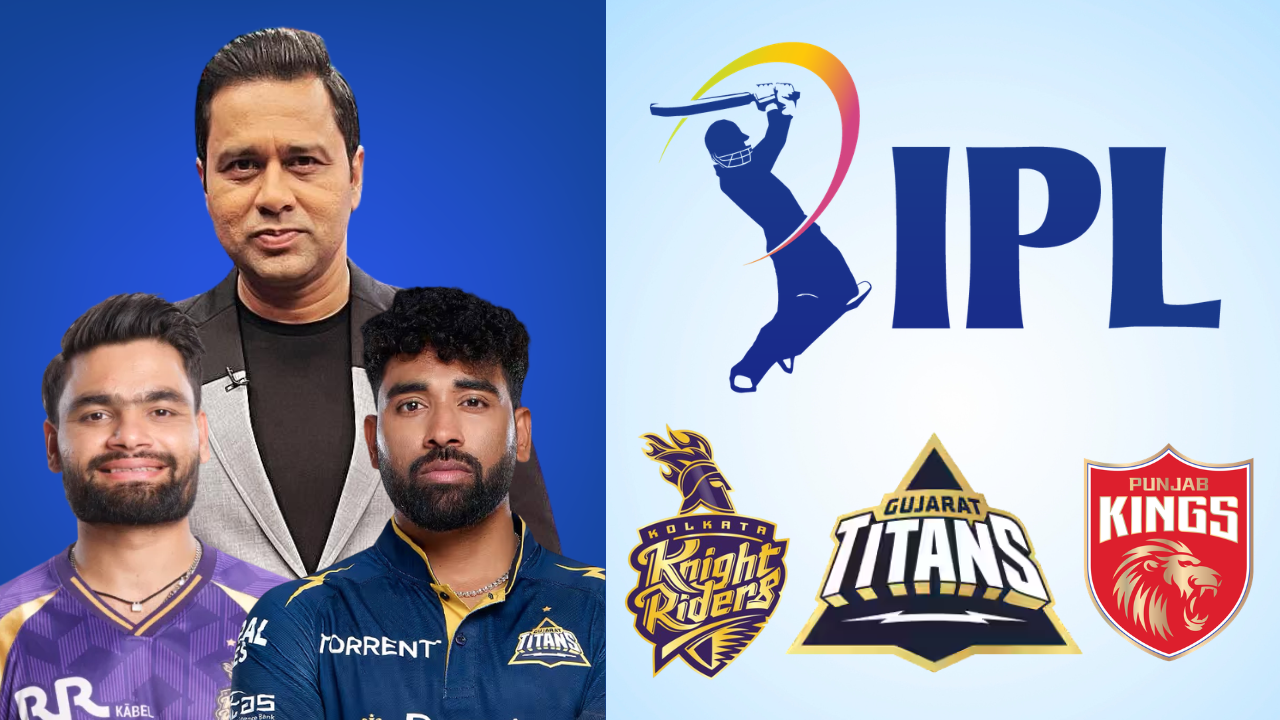 Rinku Singh, Mohammed Siraj and Aakash Chopra with KKR, Gujarat Titans, Punjab Kings and IPL logos