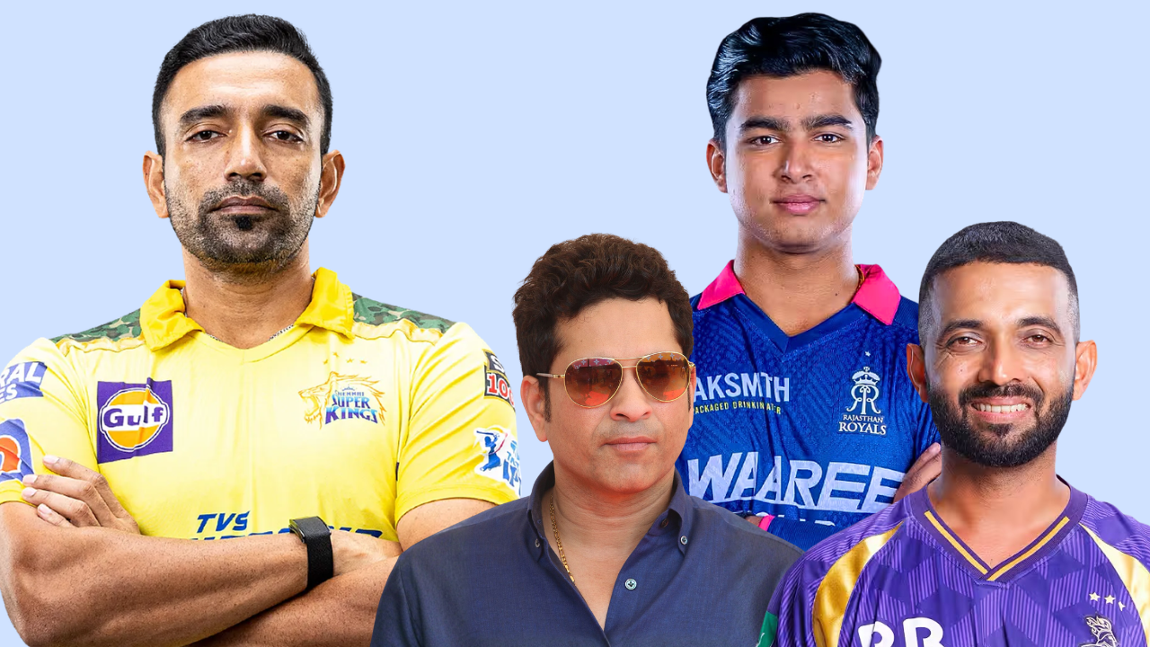 Robin Uthappa, Vaibhav Sooryavanshi, Ajinkya Rahane, and Sachin Tendulkar featured in a montage highlighting Indian cricket personalities across the IPL and domestic cricket.