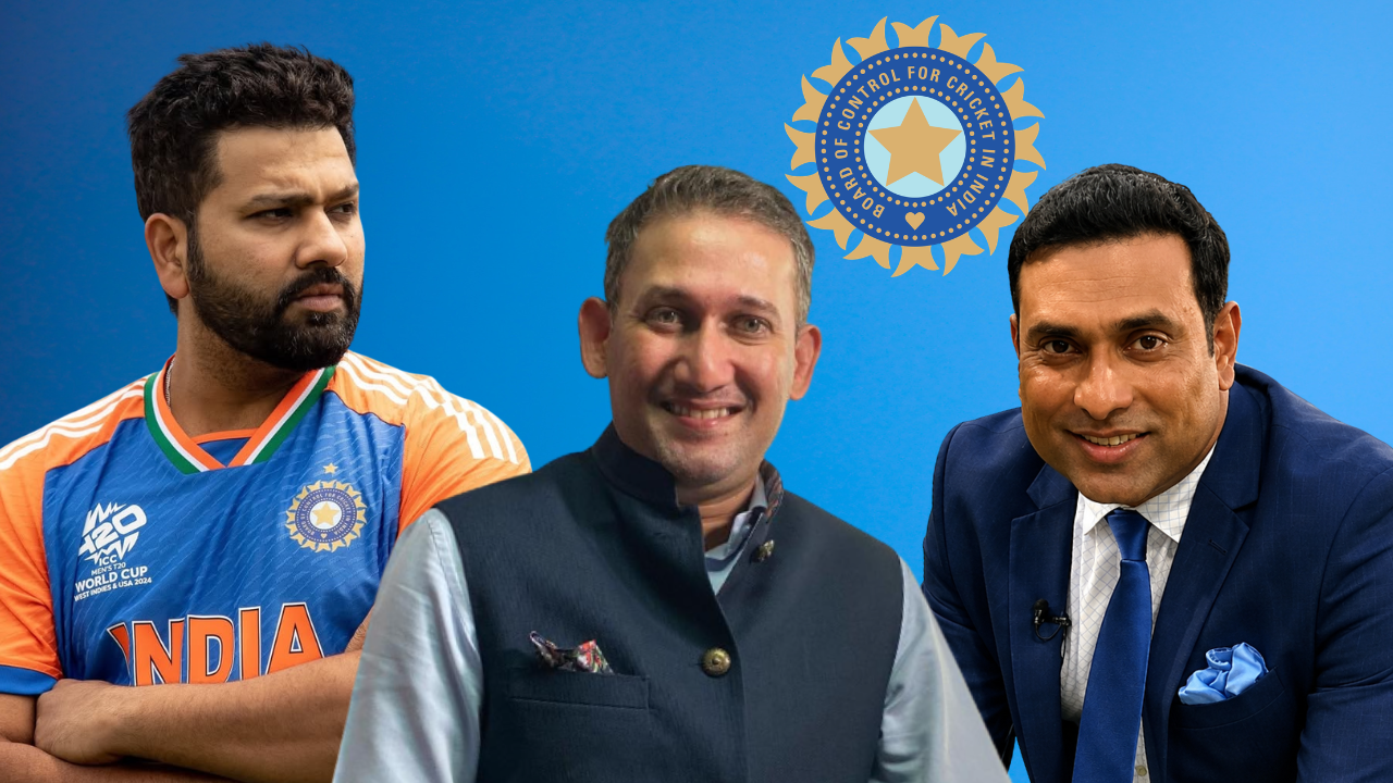 Rohit Sharma, Ajit Agarkar and VVS Laxman alongside the Board of Control for Cricket in India (BCCI) logo, highlighting India's cricket leadership and team selection.