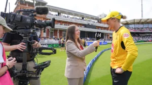 Rosa Simkin conducts a cricket interview as part of the MCC Young Female Broadcaster 2026 program