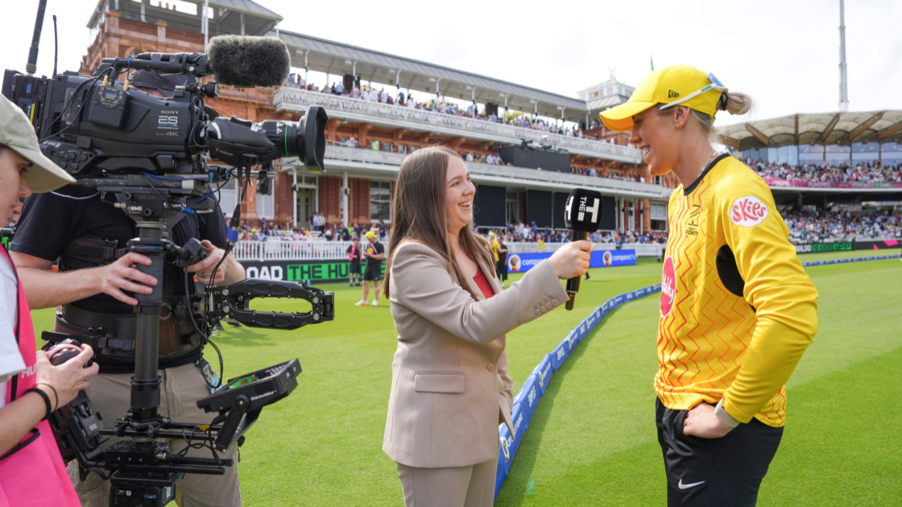 Rosa Simkin conducts a cricket interview as part of the MCC Young Female Broadcaster 2026 program
