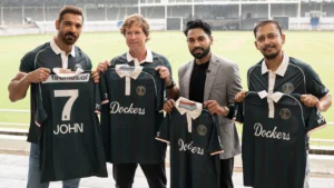 John Abraham, Jonty Rhodes, Krish Ramineni and Madhukar Shree at the Rotterdam Dockers jersey launch ahead of ETPL 2026 in Mumbai