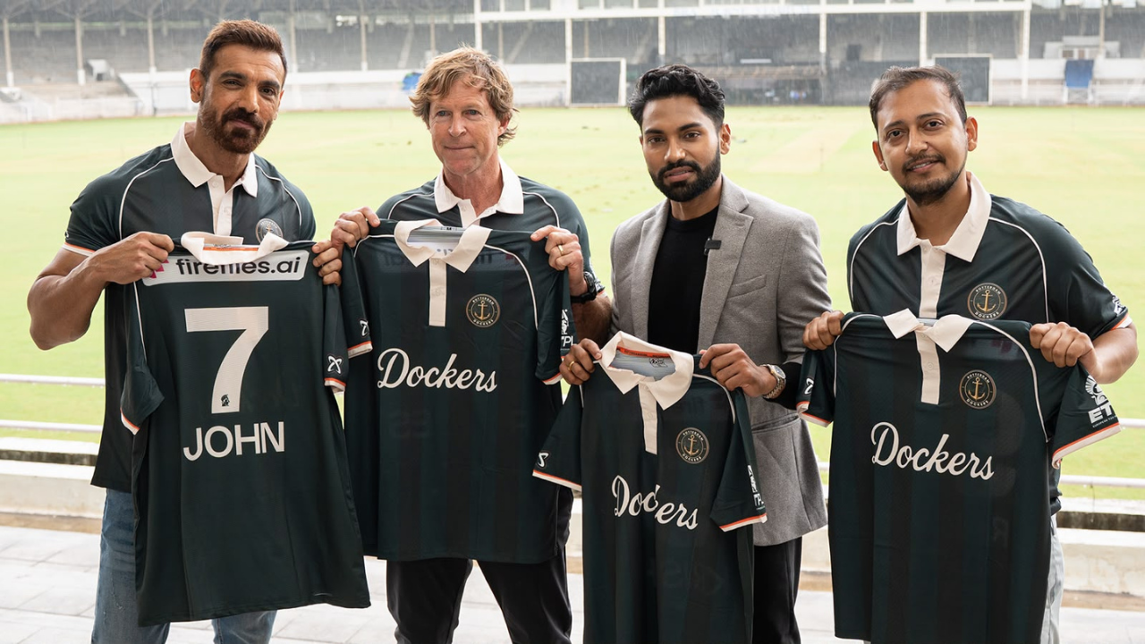 John Abraham, Jonty Rhodes, Krish Ramineni and Madhukar Shree at the Rotterdam Dockers jersey launch ahead of ETPL 2026 in Mumbai