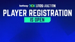Betway SA20 Auction graphic announcing that player registration is open.