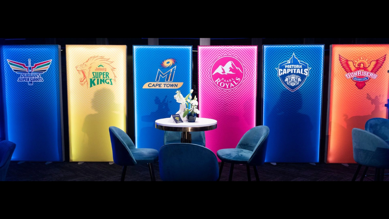 SA20 Season 5 team logos displayed during the player retention and pre-signing announcement event, featuring Durban's Super Giants, Joburg Super Kings, MI Cape Town, Paarl Royals, Pretoria Capitals, and Sunrisers Eastern Cape.