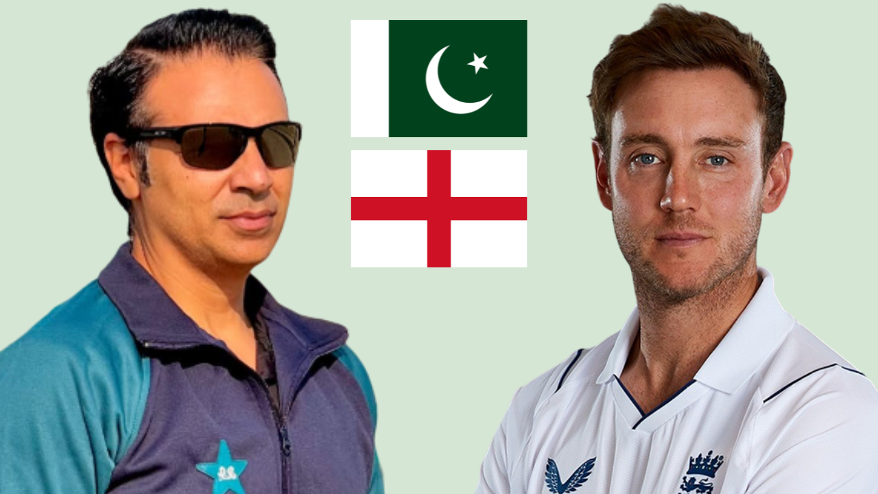 Salman Butt and Stuart Broad pictured with Pakistan and England flags.