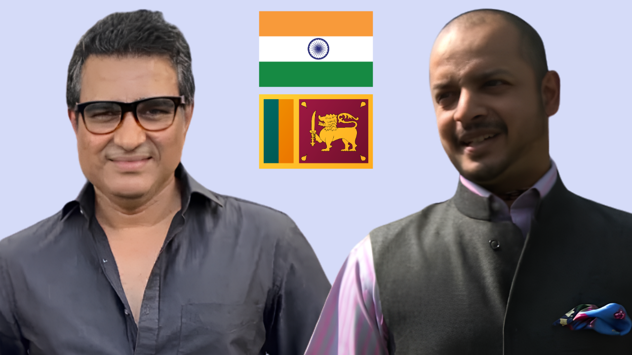 Sanjay Manjrekar and Murali Kartik pictured with India and Sri Lanka flags