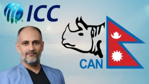 Sanjog Gupta pictured with ICC and Cricket Association of Nepal logos