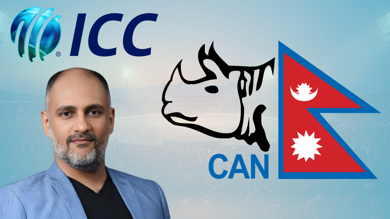 Sanjog Gupta pictured with ICC and Cricket Association of Nepal logos