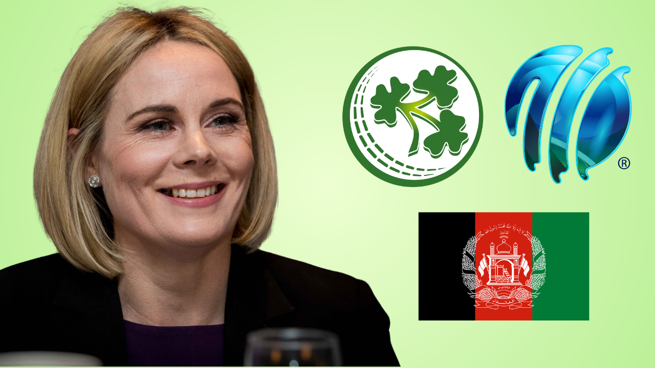 Cricket Ireland CEO Sarah Keane alongside the Cricket Ireland and ICC logos with the Afghanistan flag, highlighting governance and international cricket relations.