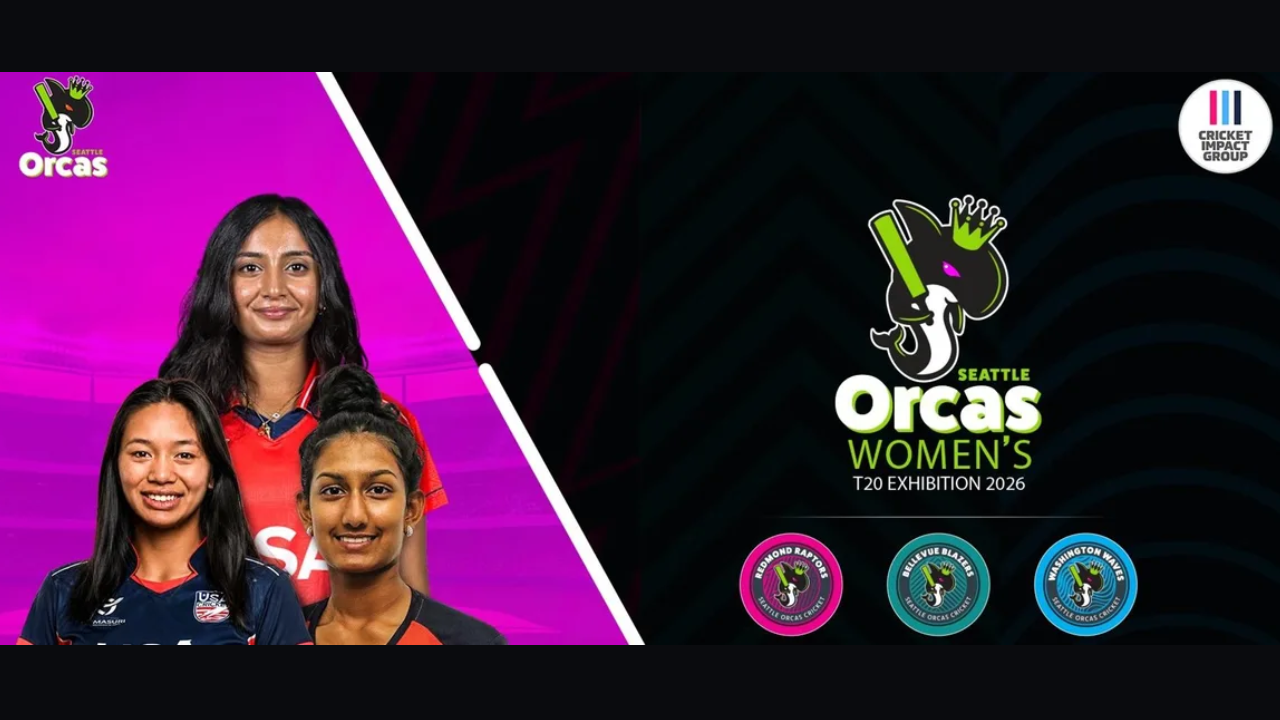 Seattle Orcas Women's T20 Exhibition 2026 promotional graphic featuring the Seattle Orcas and Cricket Impact Group logos alongside three women cricketers on a black and pink background.