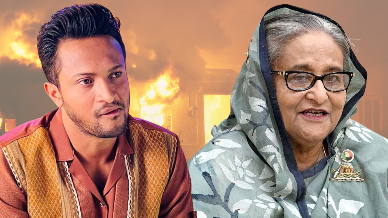 Shakib Al Hasan and former Bangladesh Prime Minister Sheikh Hasina featured in a composite image highlighting the intersection of Bangladesh cricket and national politics.